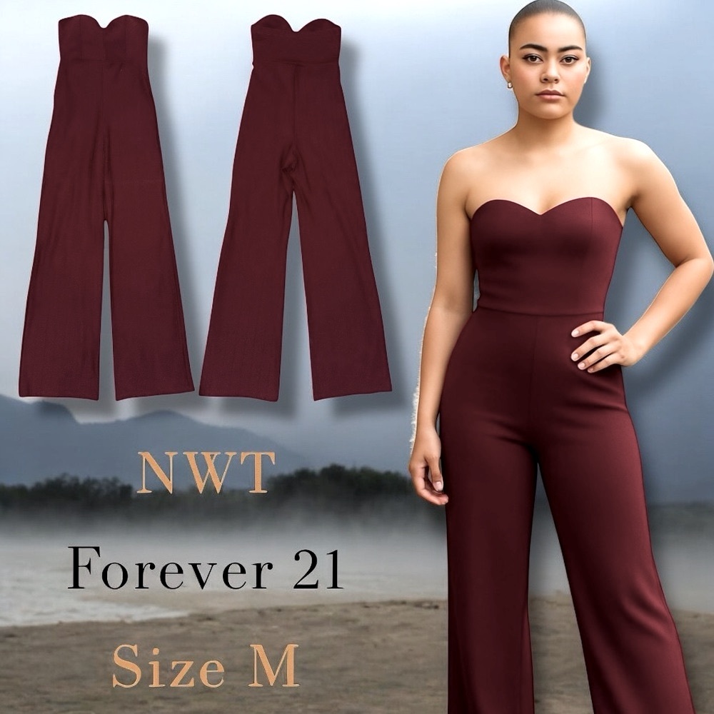 Forever 21 NWT Burgundy Strapless Sweetheart Wide Leg Jumpsuit - Size M